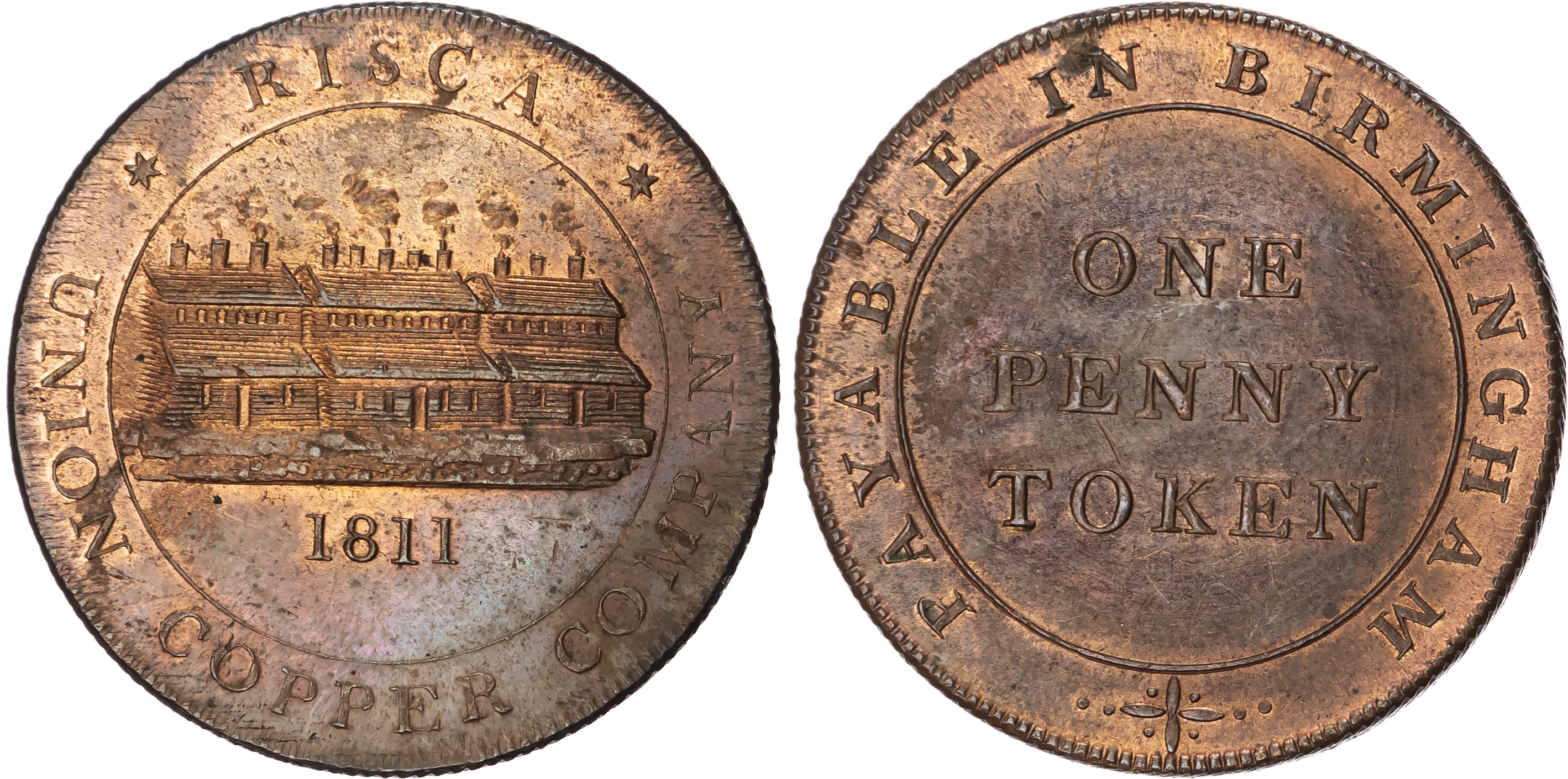 BIRMINGHAM & RISCA, Warks. & Mons . Union Copper Co. Penny 1811, View of the works, rev. Denom. in 3 lines, ed…