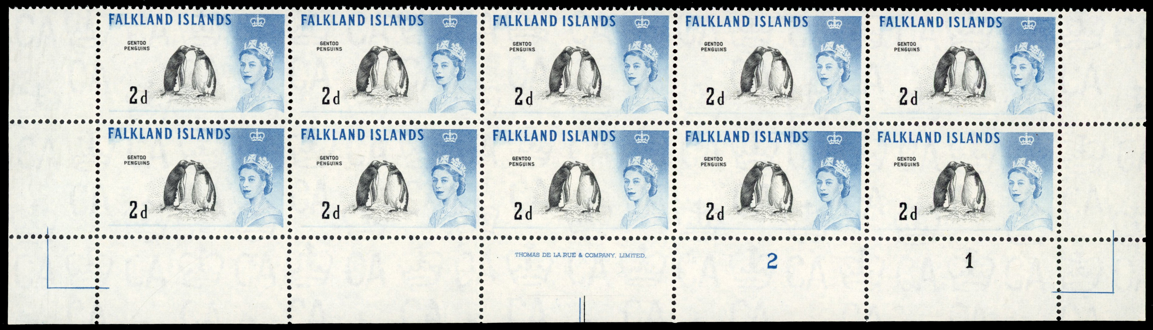 Falkland Islands SG 195a, ab 1966 DLR 2d bottom rows with varieties mint