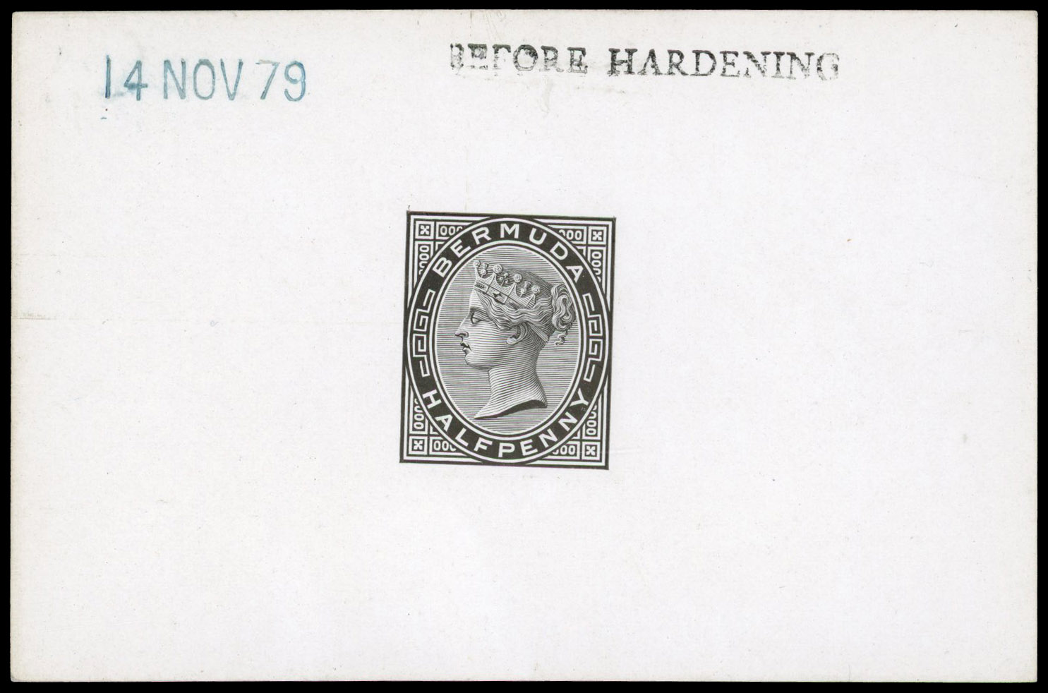 BERMUDA: 1897 De La Rue die proof for ½d in black on glazed card, endorsed “BEFORE HARDENING” and dated “12 NOV 79" in