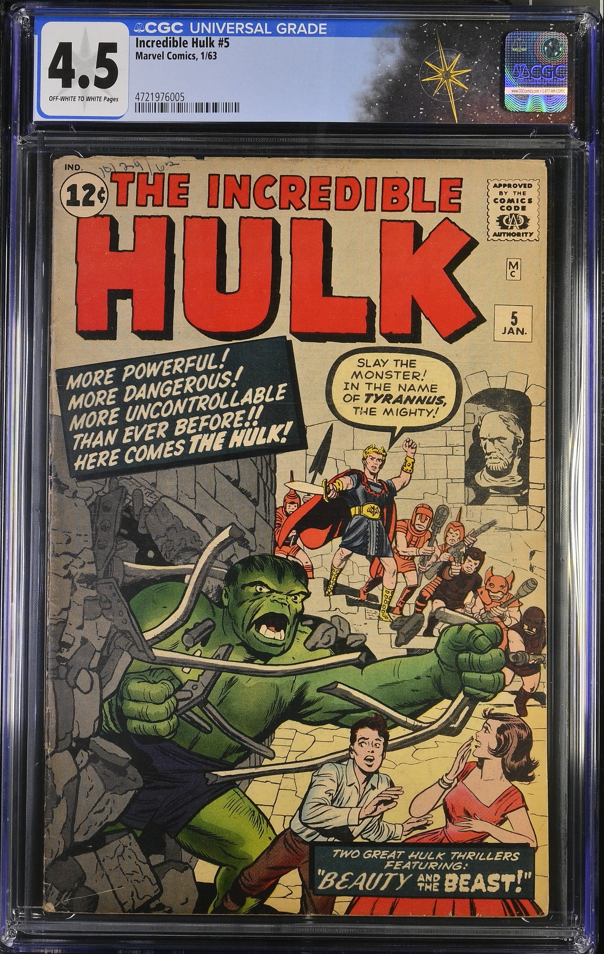 Incredible Hulk #5 CGC 4.5 1st Appearance of Tyrannus Cover by Jack Kirby (Marvel Comics, 1963) Off-White to White Pages