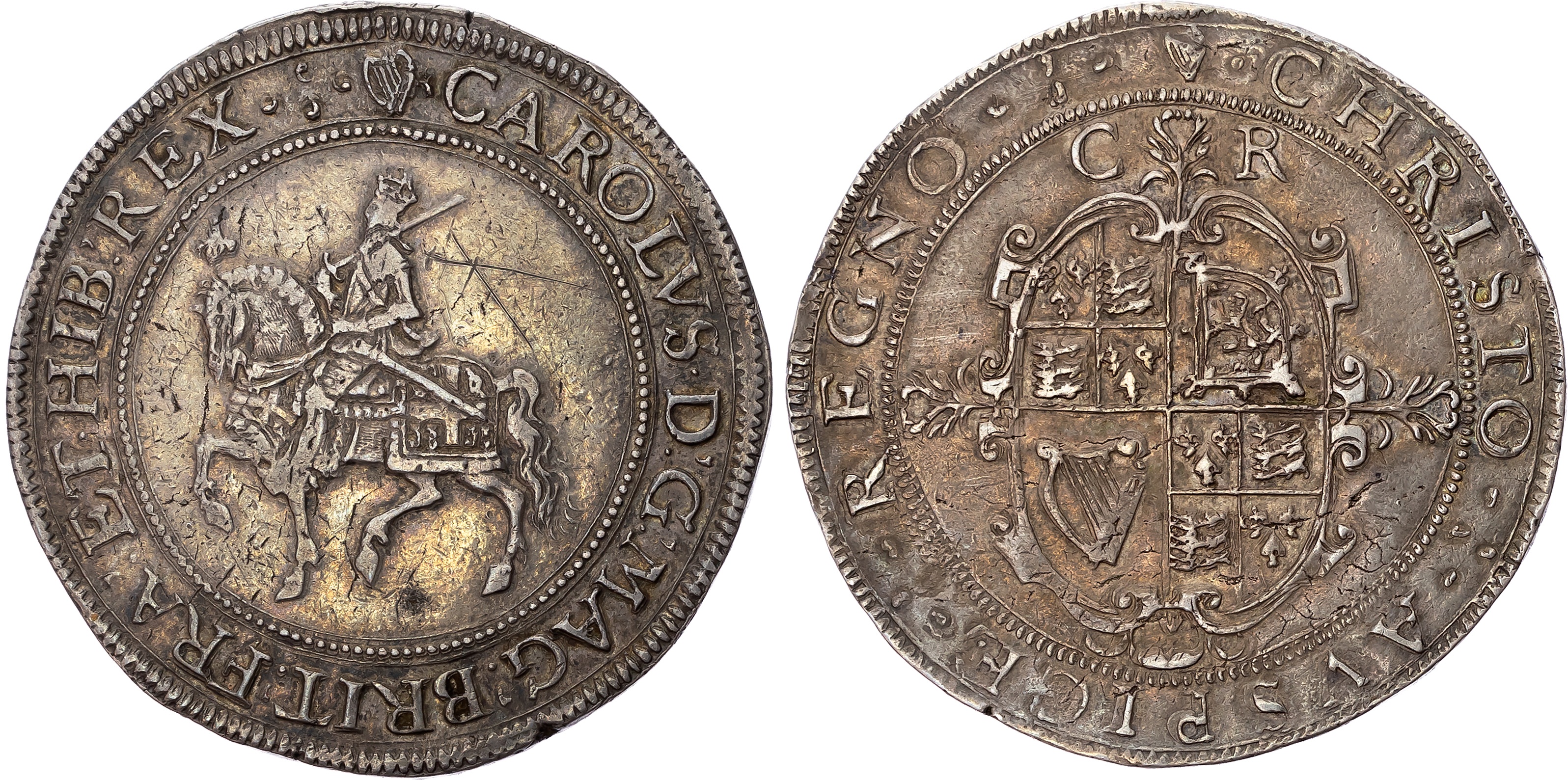 Charles I (1625-1649) Crown, Tower mint under the King, group II, type 2a, mintmark harp (1632-33). King on horseback le…
