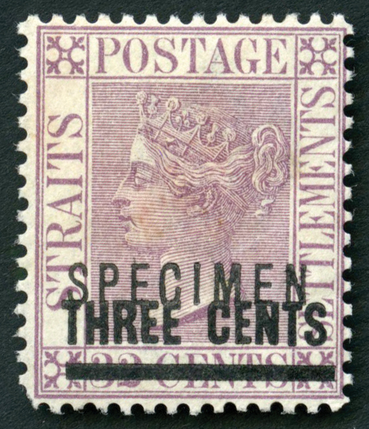 Straits Settlements.  1885 3ct on 32ct pale magenta overprinted SPECIMEN Type D12, unused without gum, rounded corner. SG...