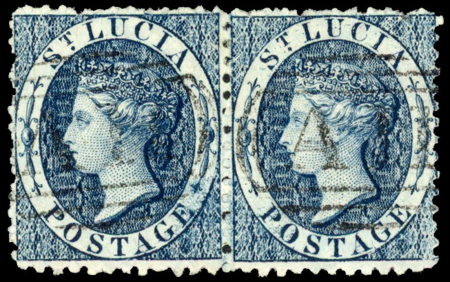 St. Lucia 1863 (4d) indigo horizontal pair pos. 240 major re-entry fine used SG 7/var