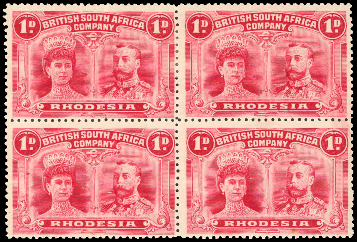 Rhodesia 1910-13 1d bright carmine perf 14 block of 4