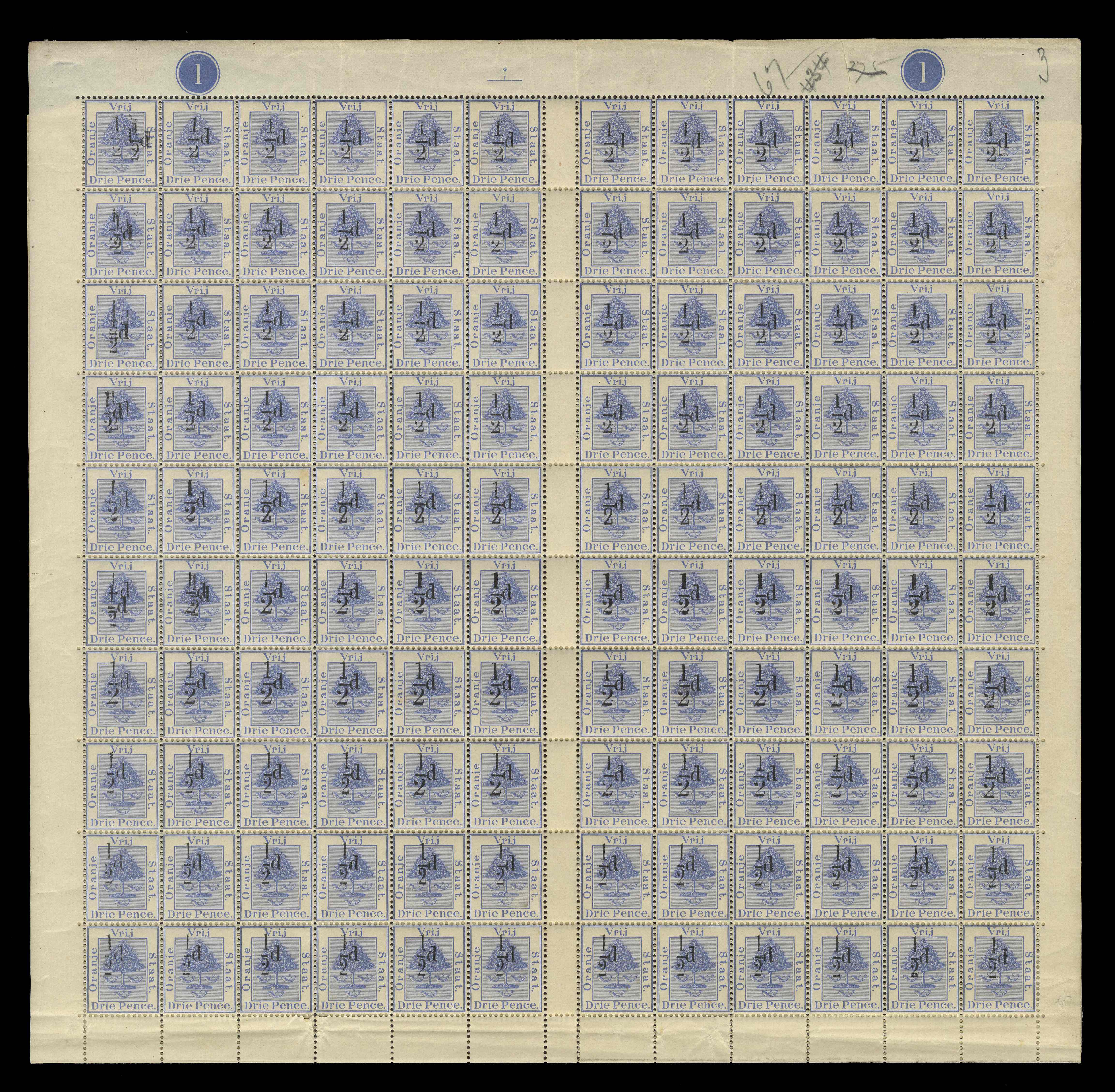 Orange Free State SG 69-75, a 1896 ½d on 3d sheet multiple se-tenant types mint