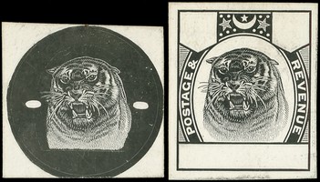 1891 Die Proof of the 1892 'Leaping Tiger' vignette with uncleared circular surround showing slots at the sides, and Master...