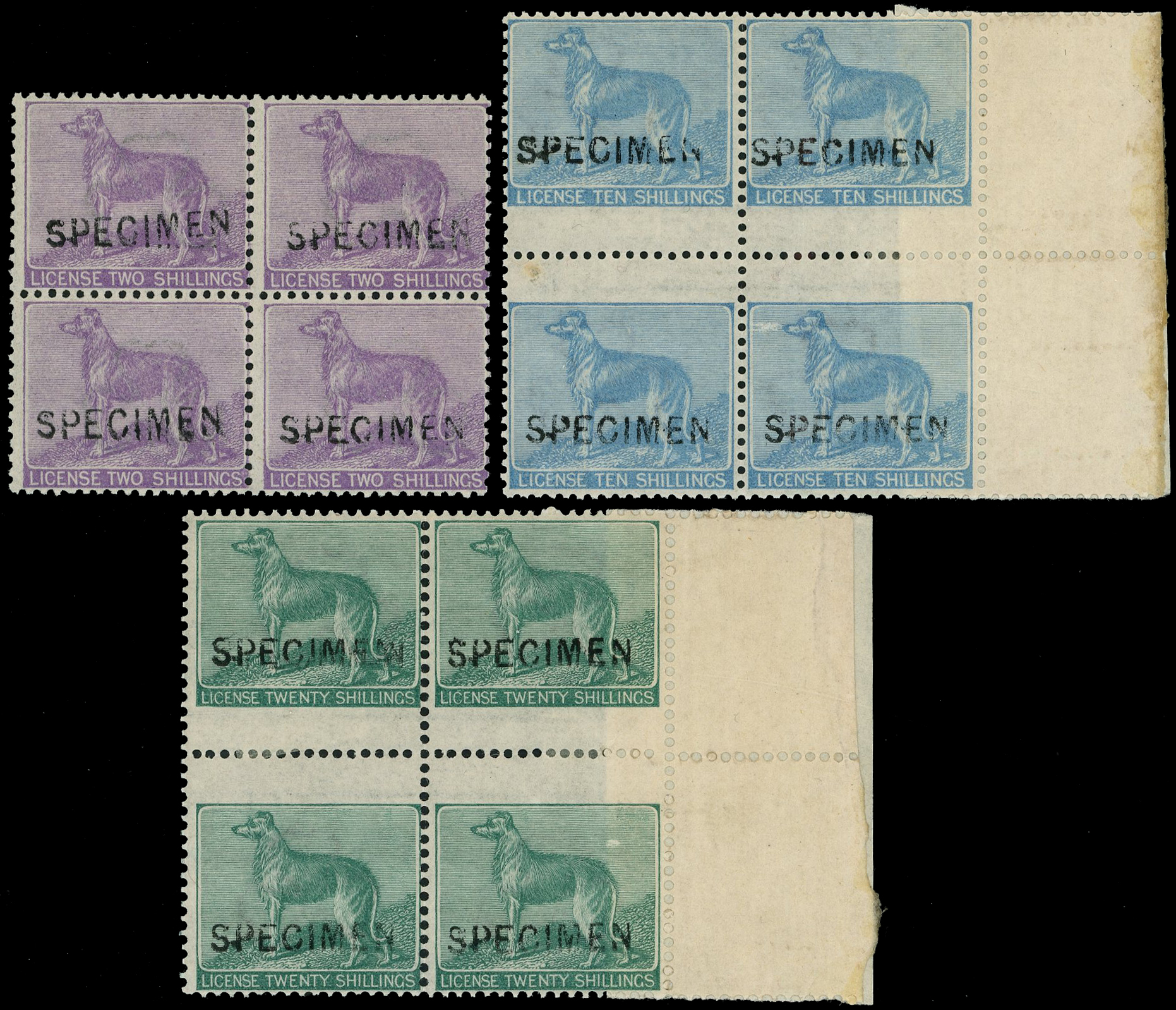 Ireland Revenue 1865 Dog Licence Blocks of 4 