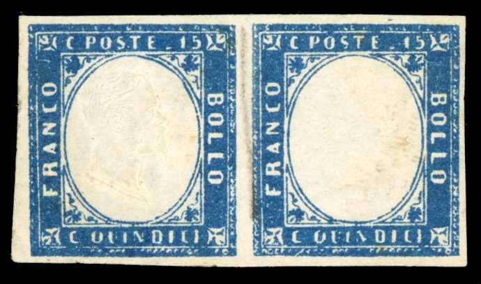 Italy 1863 15c blue pair double and missing head large part o.g.
