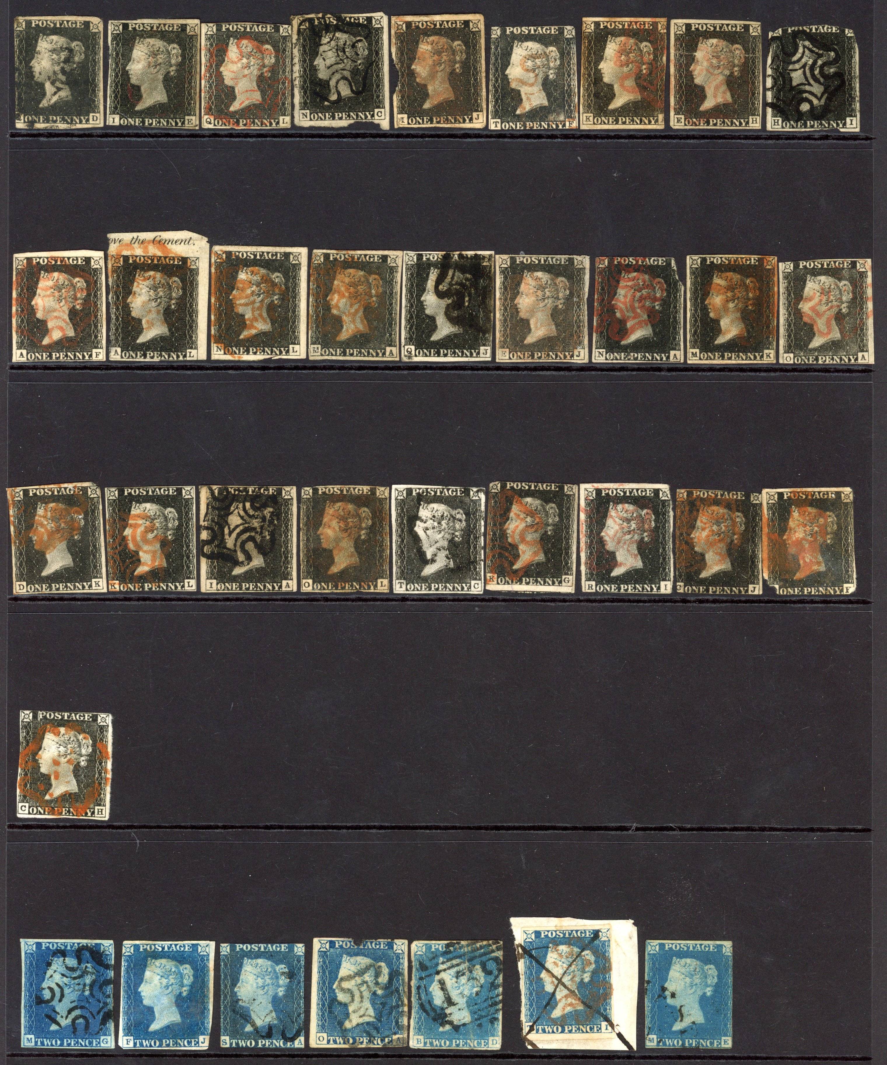 1840 1d black & 2d blue. Selection of twenty-eight 1840 1ds and seven 1840 2ds