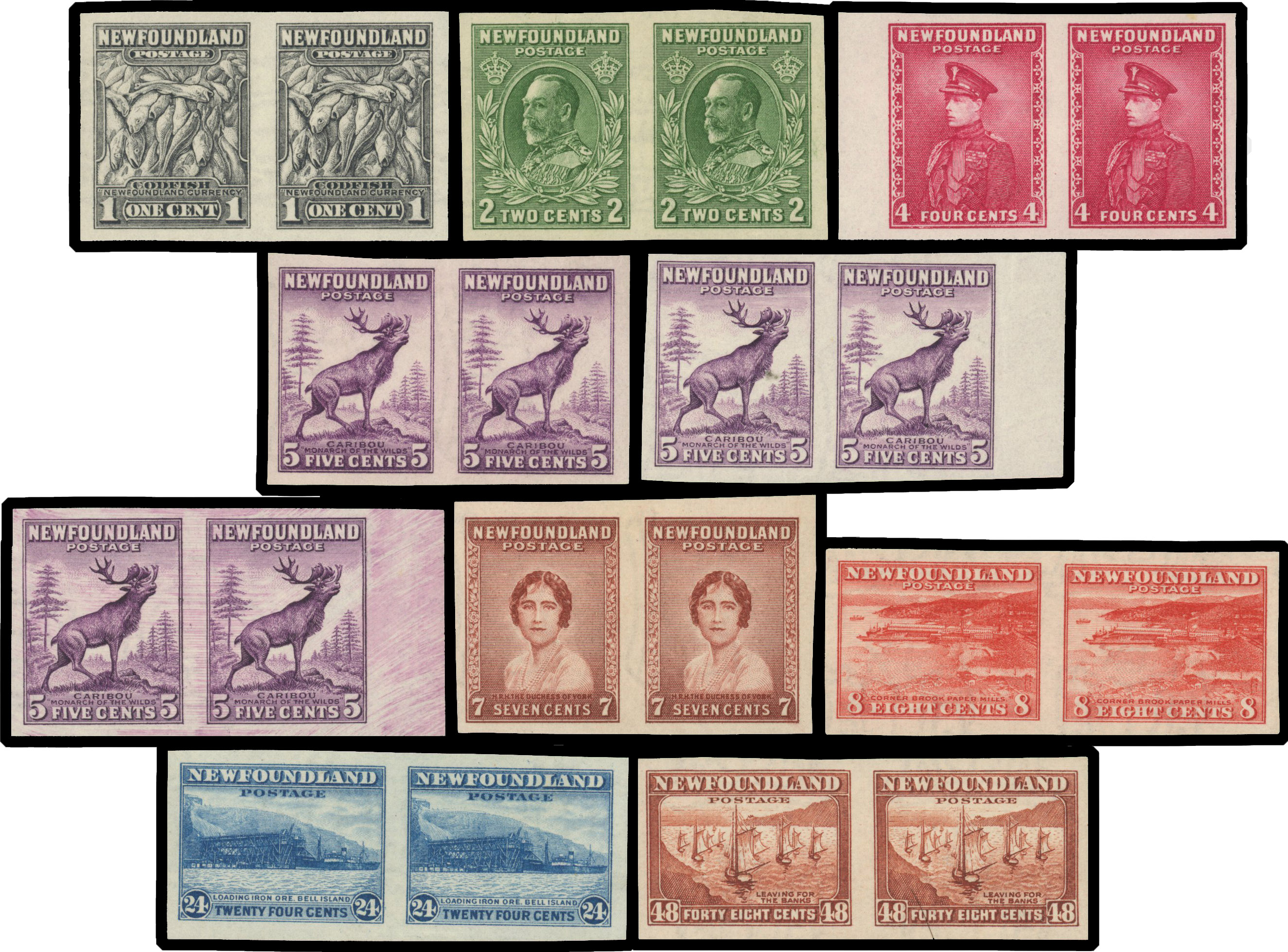 Newfoundland 1932 Pictorial Issue IMPERFORATE PAIRS Mint S.G. 222a/228ca cat £1,500+