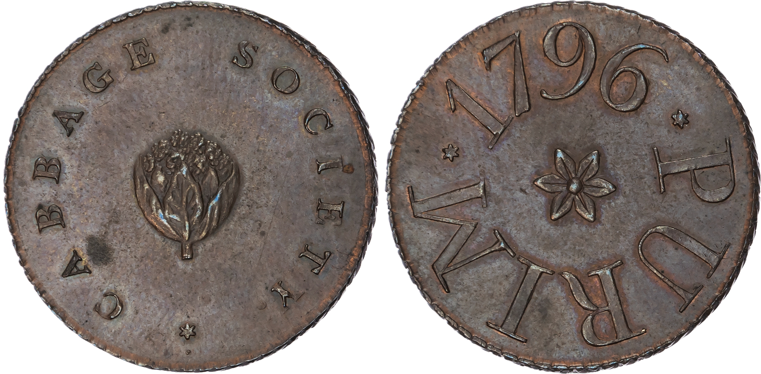 London, Paternoster Row (?), Cabbage Society Penny 1796, cauliflower, rev . the word ‘PURIM’ around a central …