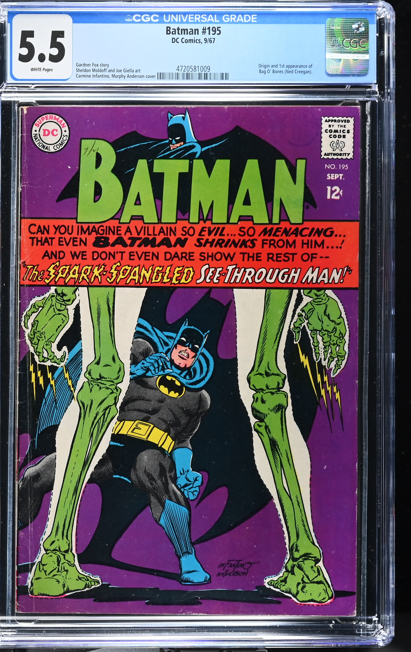 Batman #195 CGC 5.5 1st Appearance of Bag O' Bones (DC Comics, 1967) White Pages