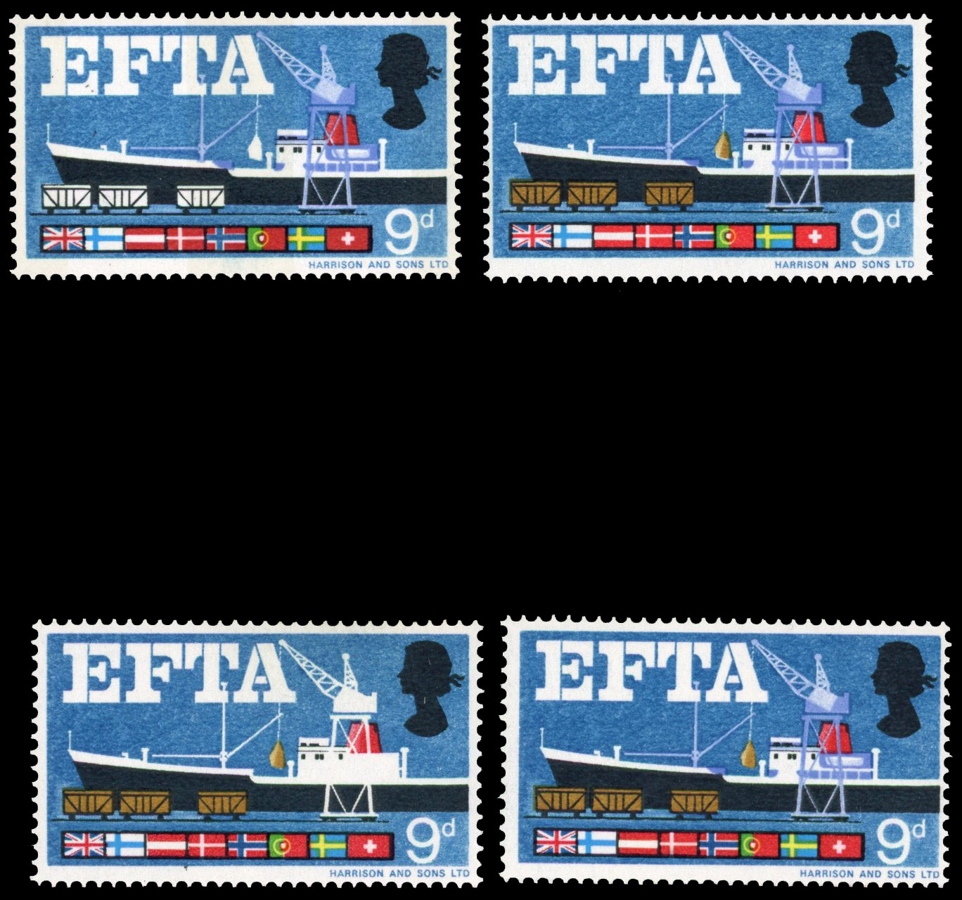 QEII varieties including EFTA ordinary 9d brown omitted, 9d lilac omitted, 1s6d new blue omitted and 1s6d phosphor