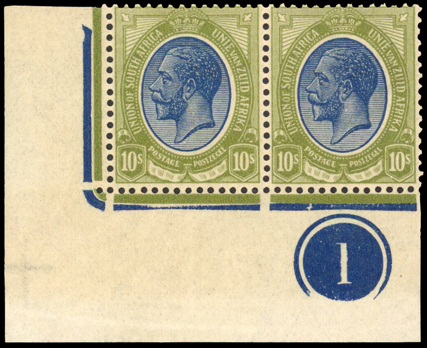 1913 10s deep blue and olive-green, bottom left corner marginal plate ‘1’ pair, fine unmounted o.g. SG 16