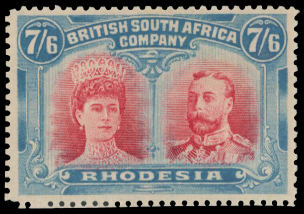 7s6d carmine and light blue SG 161, position 46 King's extra curl mint