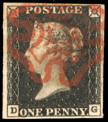 1840 1d black, plate 1A  (DG), four margins, struck by neat red MC SG 3