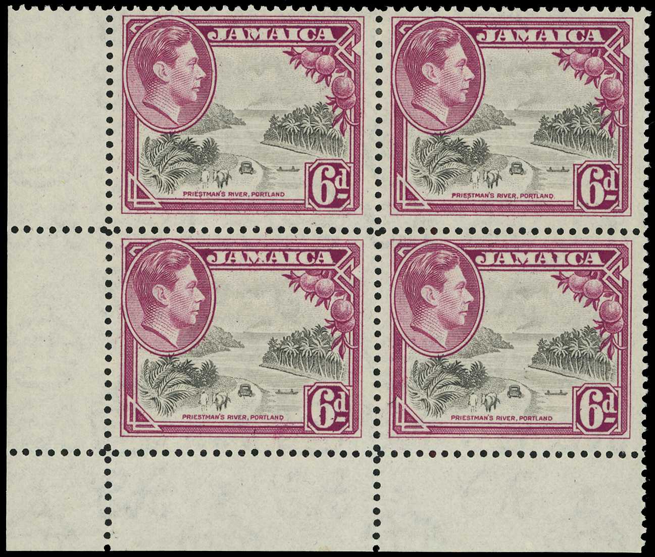 1938-50 6d grey and purple lower left corner block of four, CP (1) R6/1 'exhaust pipe'. Very fine o.g., lightly hinged on...