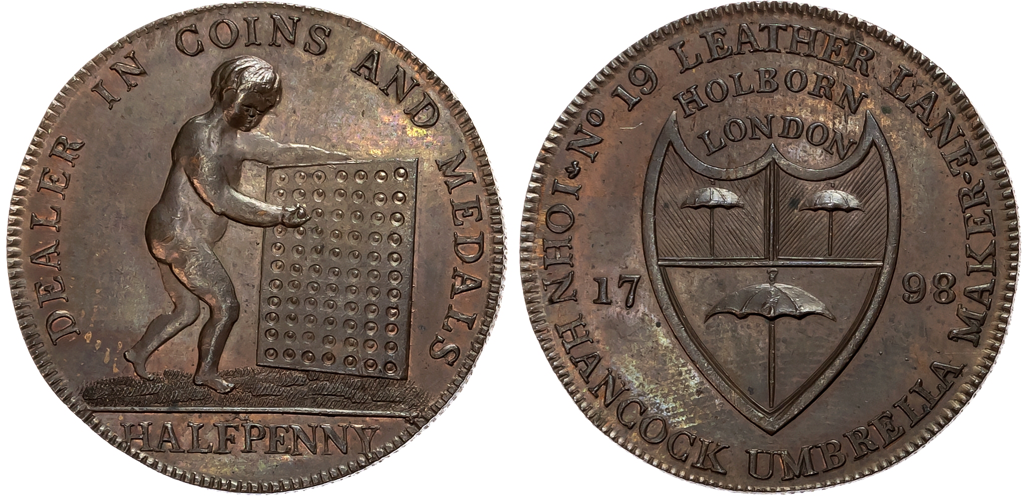 London, Holborn , John Hancock Halfpenny 1798, Child putting tokens in a coin tray, rev. umbrella arms, edge milled, 29m …