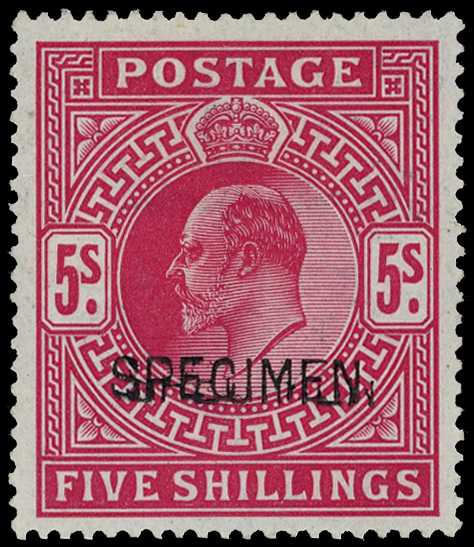 1902 5/- bright carmine overprinted SPECIMEN...