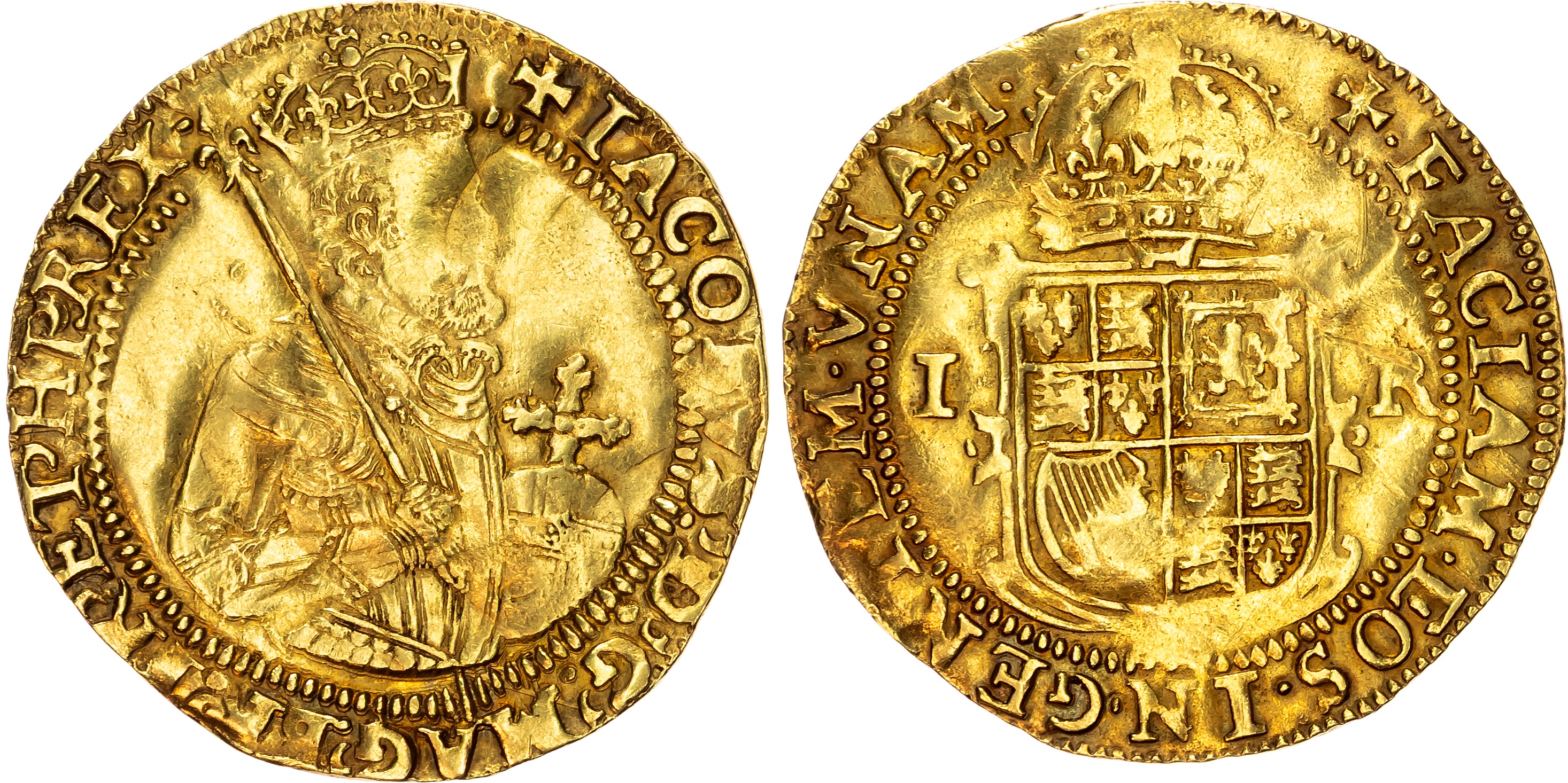 James I (1603-1625) gold Unite, second coinage, mintmark plain cross (1618-19) both sides. 