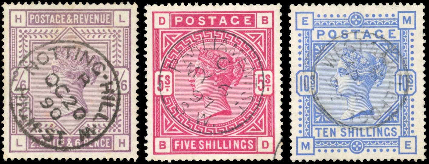 GB: 1883/84 white paper 2s6d (LH), 5s (BD) and 10s (ME), all well centered and neatly cancelled by cds