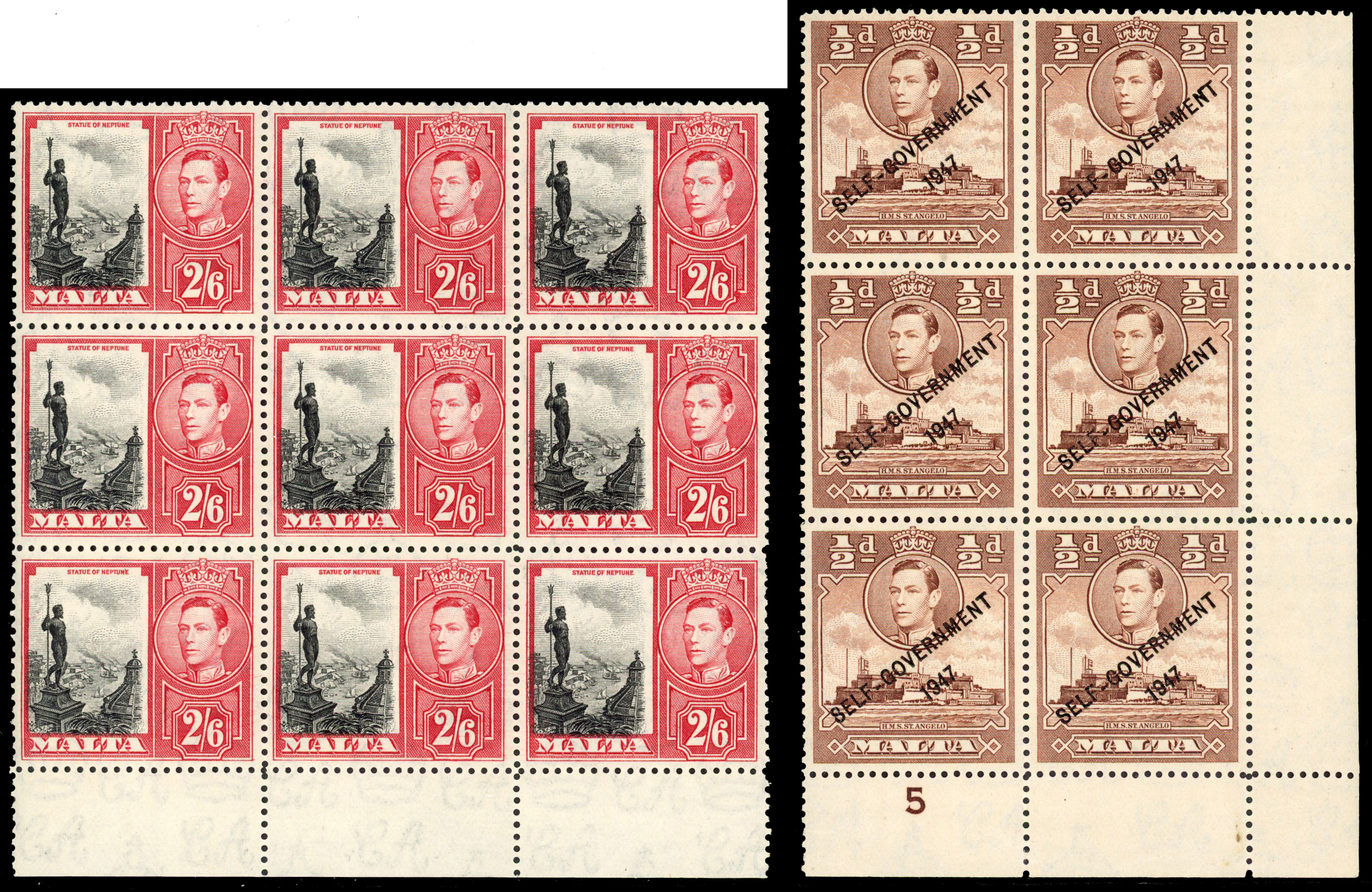 Malta KG VI variety blocks mint