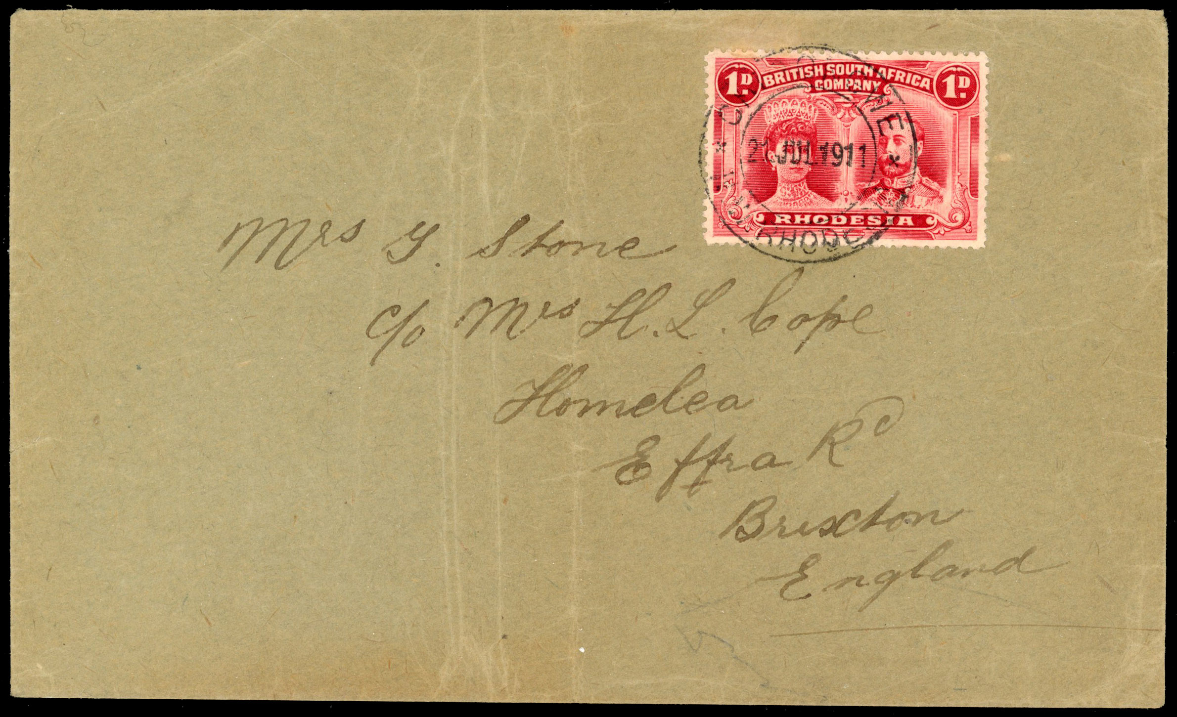 1d carmine-lake SG 124 on cover to England, Chipongwe DC