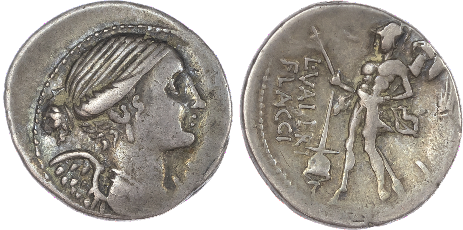 L. Valerius Flaccus (108-107 BC) AR Denarius, Rome, 3.85g. Draped and winged bust of Victory facing right, mark of value to