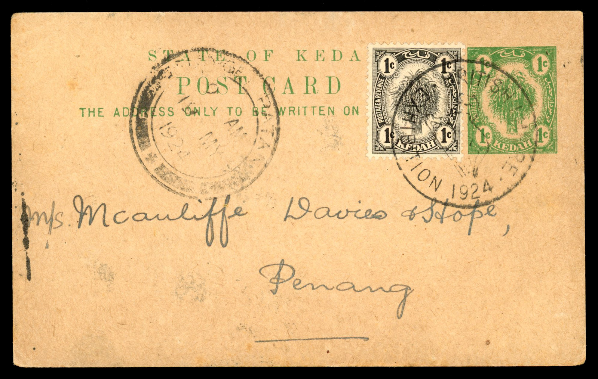 Kedah 1924 1c stationery card to Penang uprated with 1c black tied by ‘BRITISH EMPIRE/EXHIBITION 1924’ handstamp