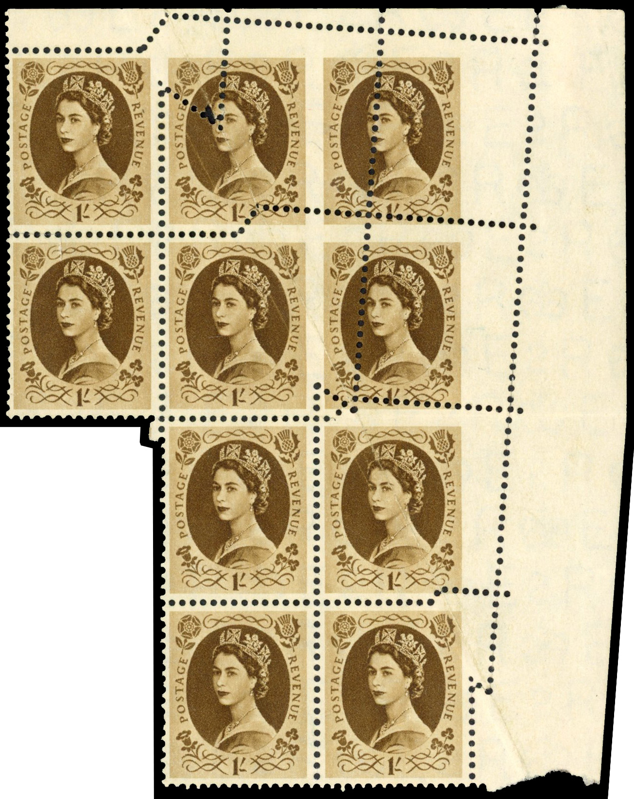GB: 1952-54 Tudor Crown 1s bistre-brown, mint irregular top right block of ten with spectacular paper fold over 