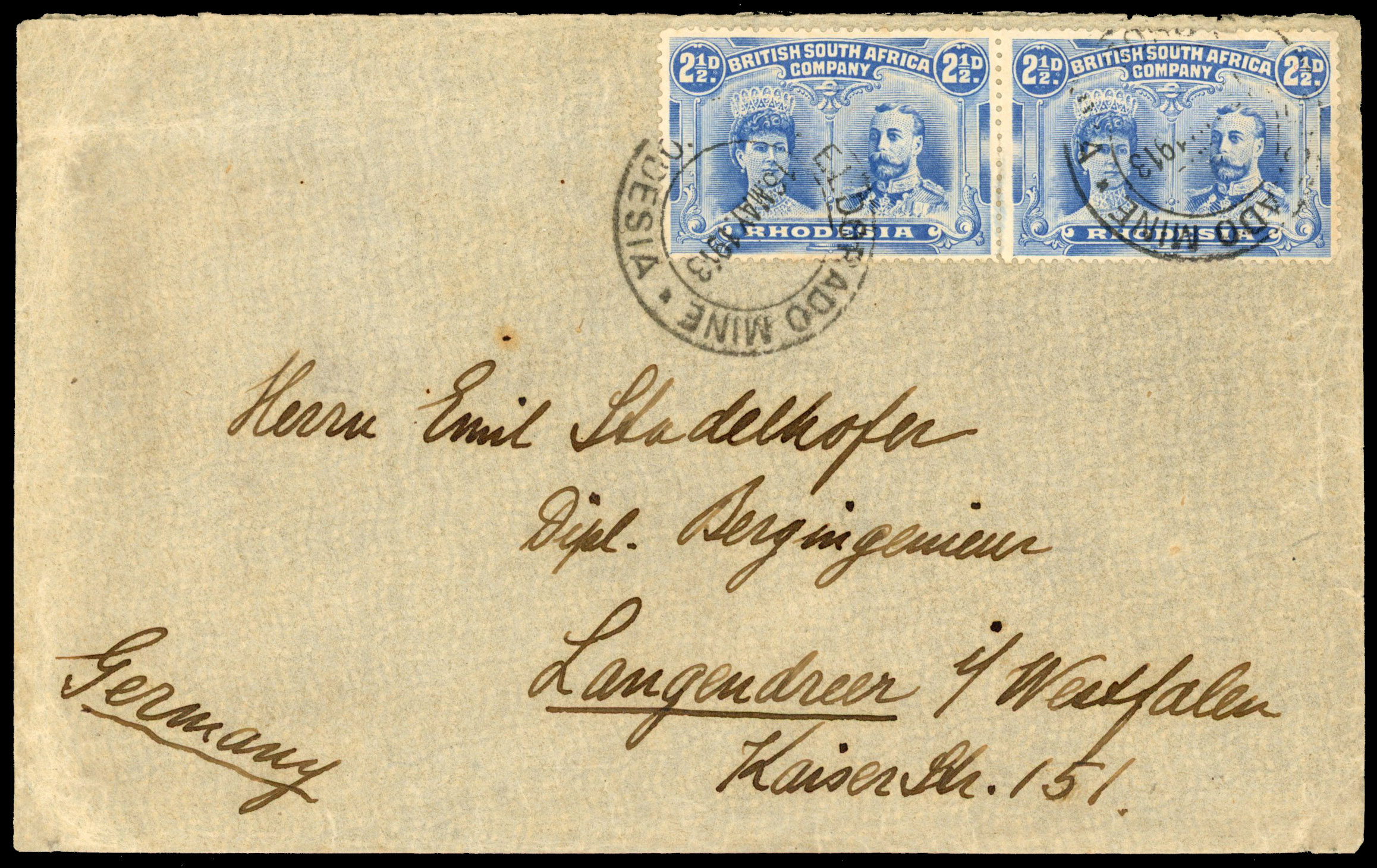 Rhodesia 1913 cover from Eldorado Mine to Germany