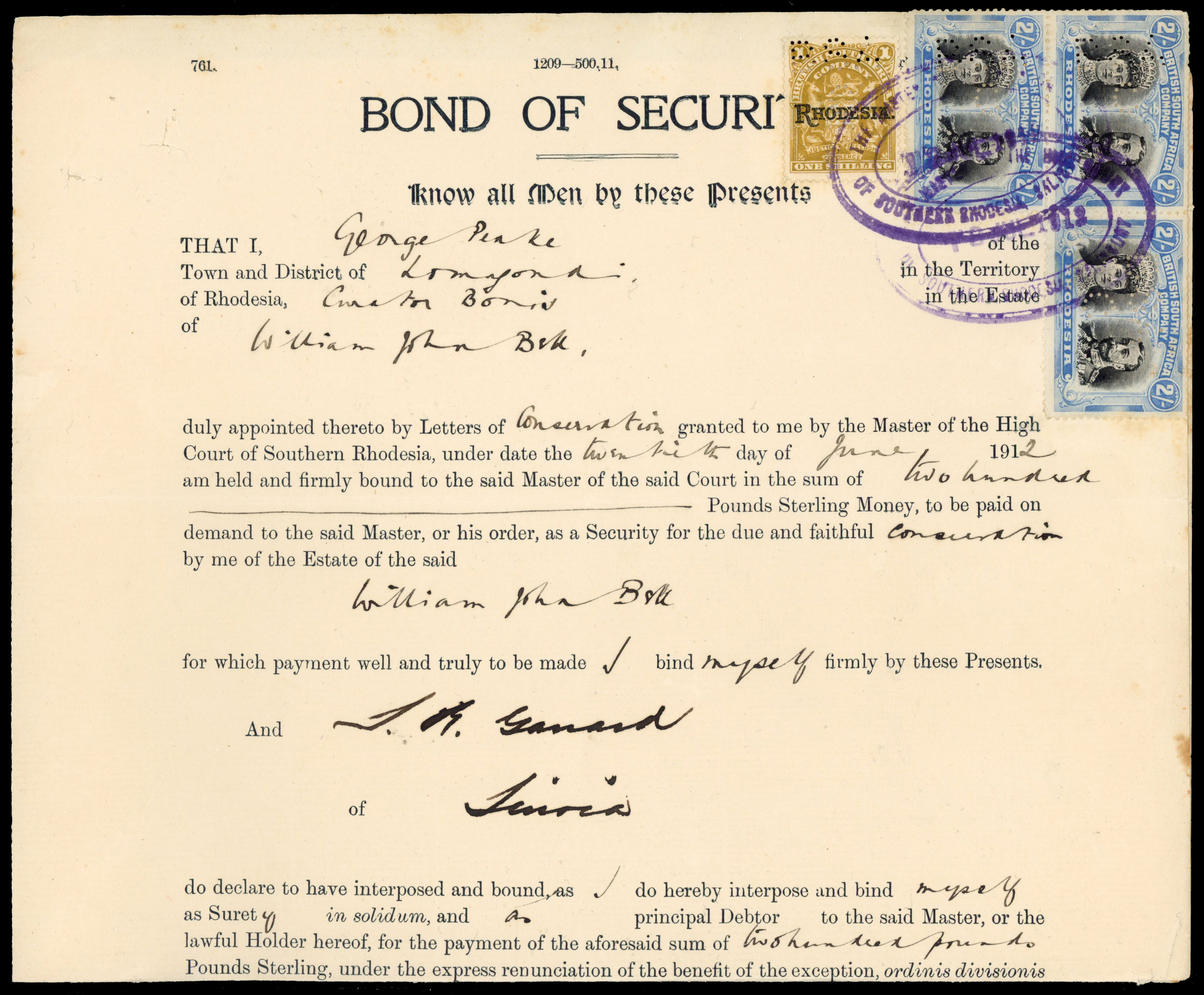 Rhodesia 1912 Bond of Security with three 2s dull blue and black