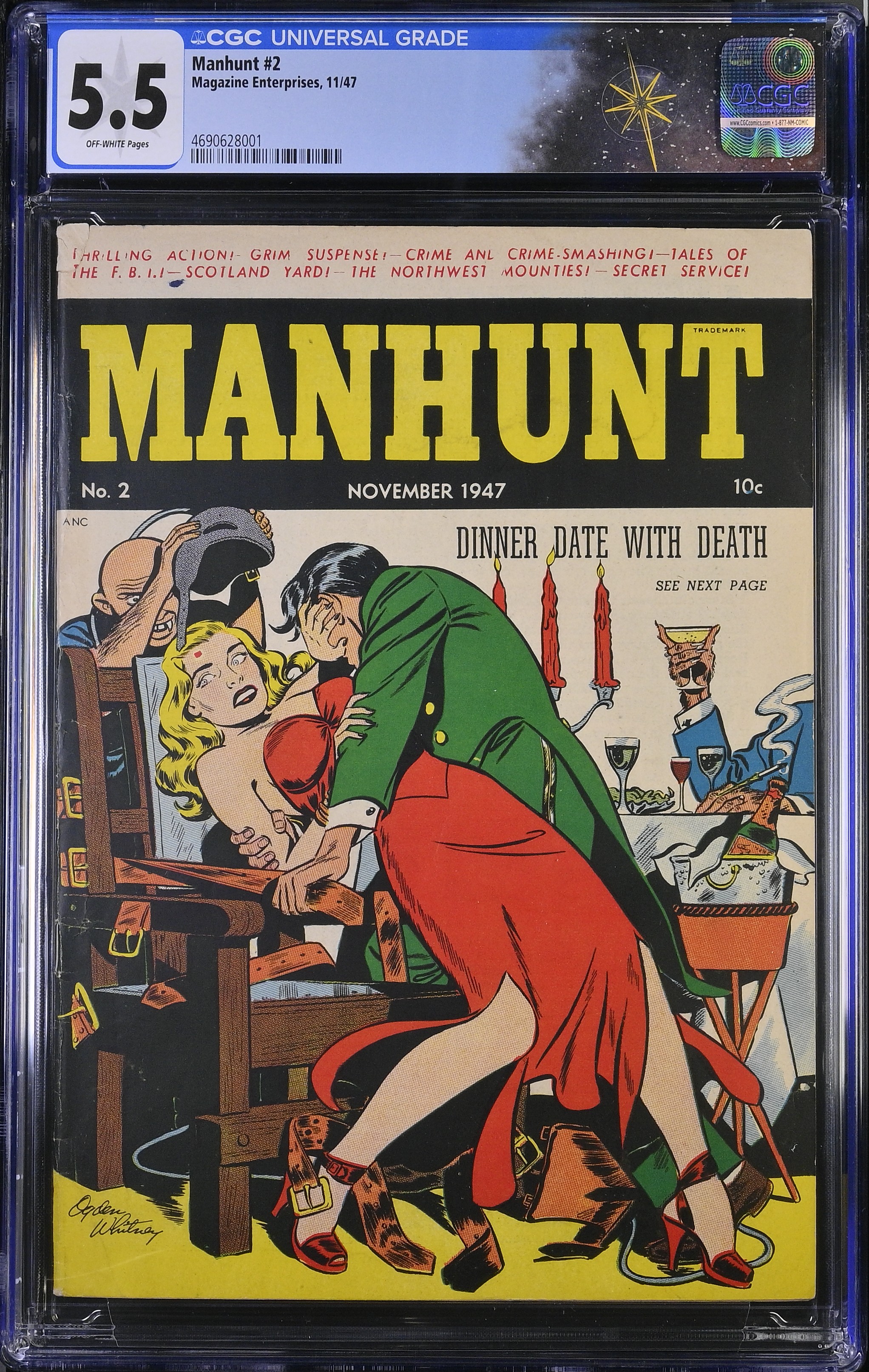 Manhunt #2 CGC 5.5 Electric Chair Cover by Ogden Whitney (Magazine Enterprises, 1947) Off-White Pages
