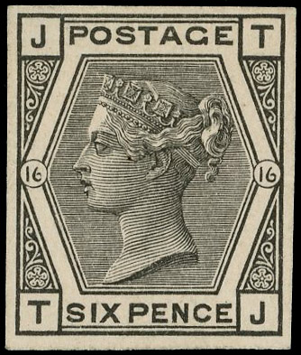 1878 6d Plate proof Pl.16. Very fine imperforate example lettered TJ printed in black of thick glazed white unwatermarke…