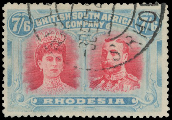 7s6d bright carmine and greenish blue SG 160b, Bulawayo CTO