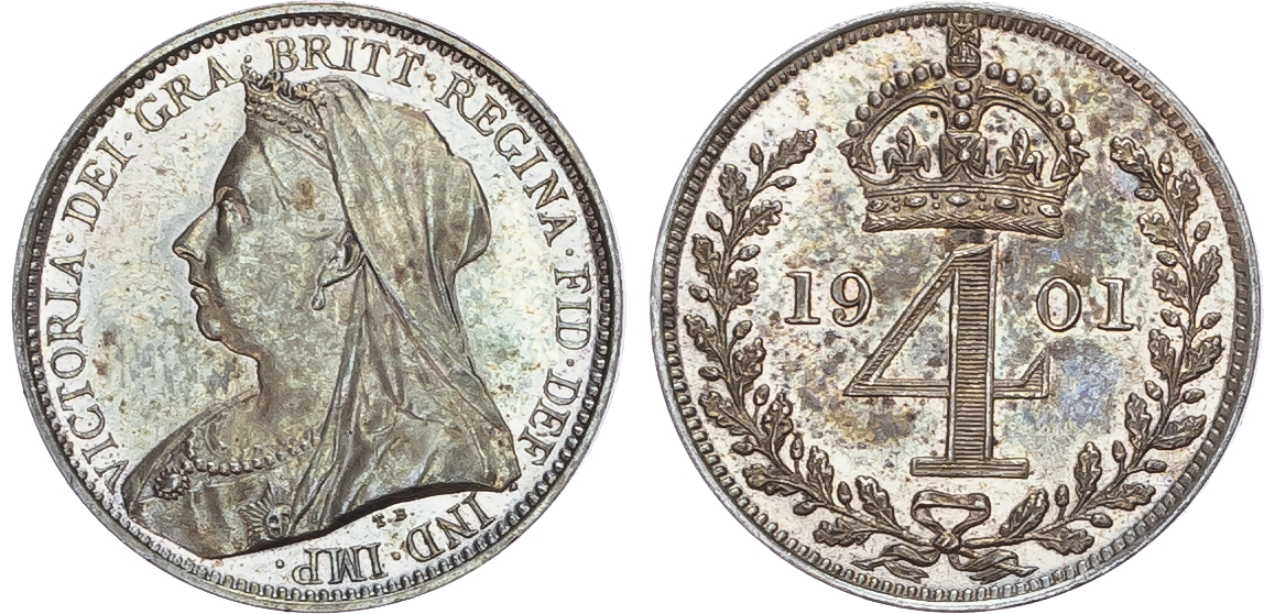 Victoria (1837-1901), Maundy Set, 1901, Fourpence, Threepence, Twopence, Penny.