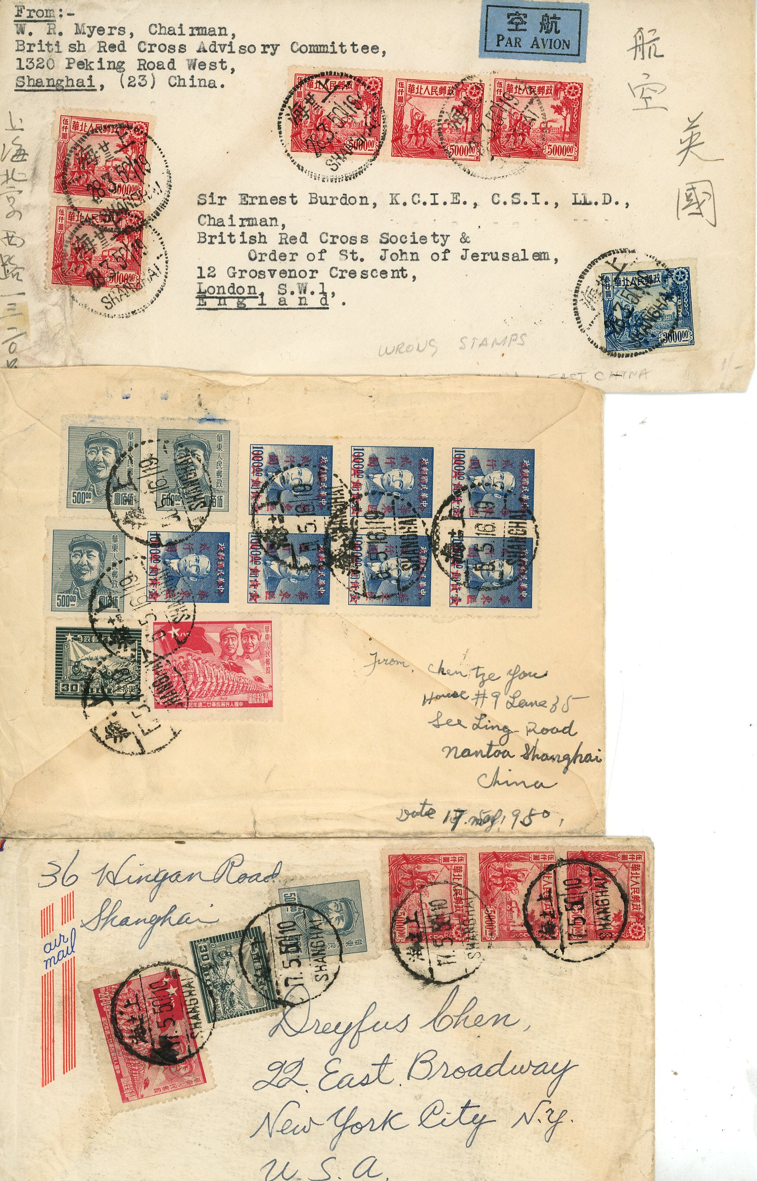 China Selection comprising North China and East China two combination envelopes to England and USA