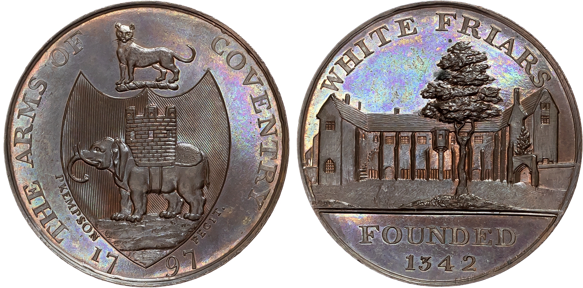 Warks.  Coventry , P Kempson’s Series of Historic Coventry Buildings, Halfpenny 1797, White Friars, rev. Arms and crest  …