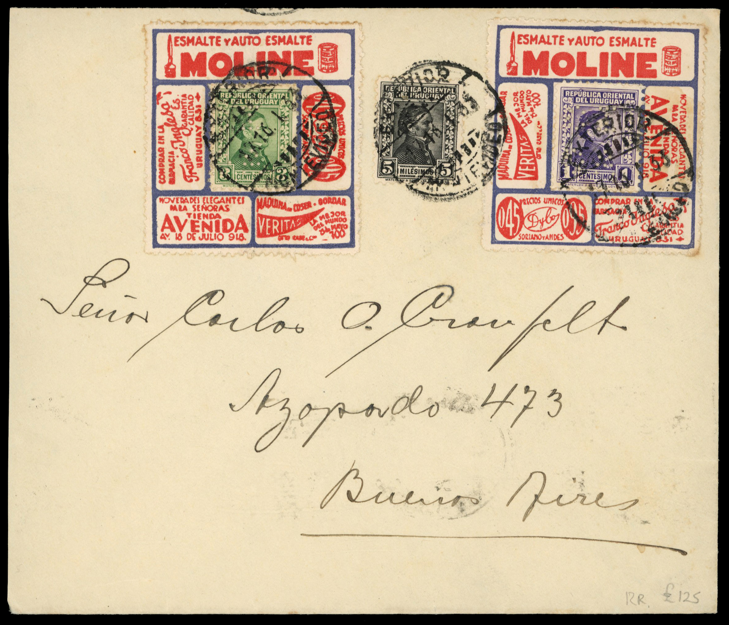Uruguay 1933 envelope to Buenos Aires franked ‘Artigas’ 1c and 3c