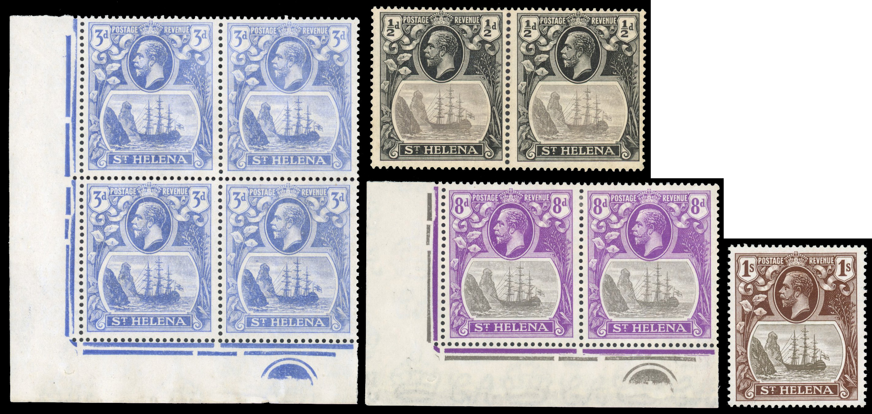 St Helena SG 97b/106b 1922-37 Cleft Rock and Torn Flag group mint