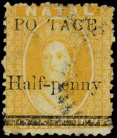 1877 ½d on 1d yellow with 'S' of POSTAGE omitted, lightly used.  SG 91e,...