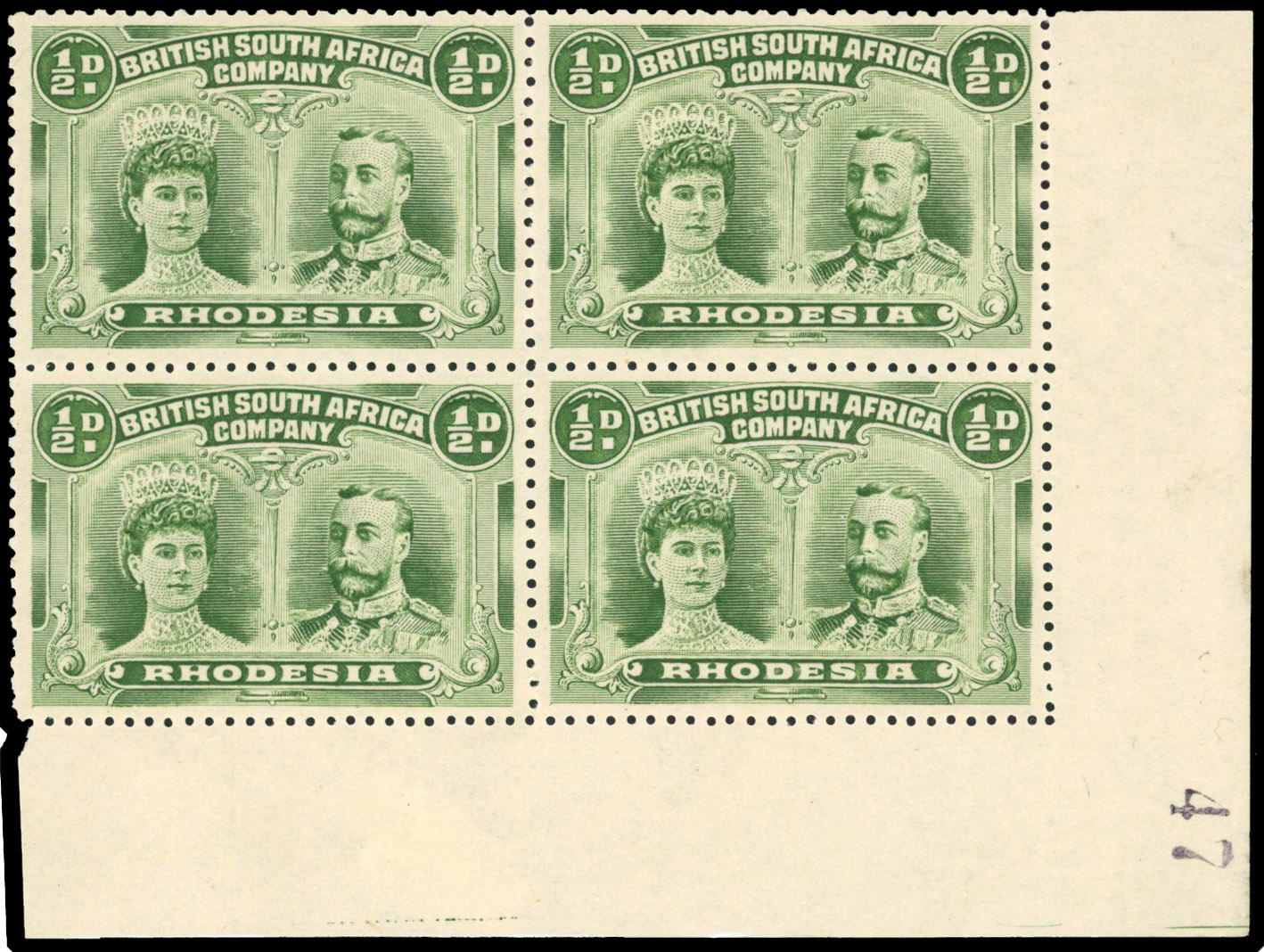 Rhodesia 1910-13 ½d yellow-green perf 14 sheet number block of 4