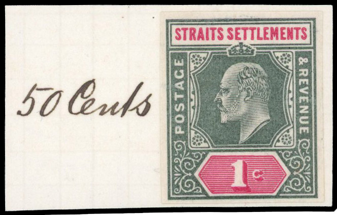 Straits Settlements 1902 KEVII 1c colour trial in deep green and carmine
