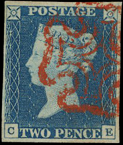 1840 2d Pale blue Pl.1. Used four margin example (CE) 