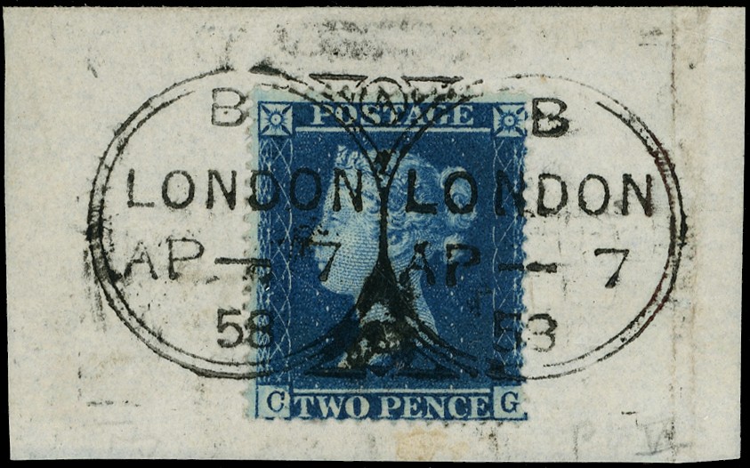 Great Britain 1858 Opera Glass type experimental machine cancel on 2d used on piece SG 36a 
