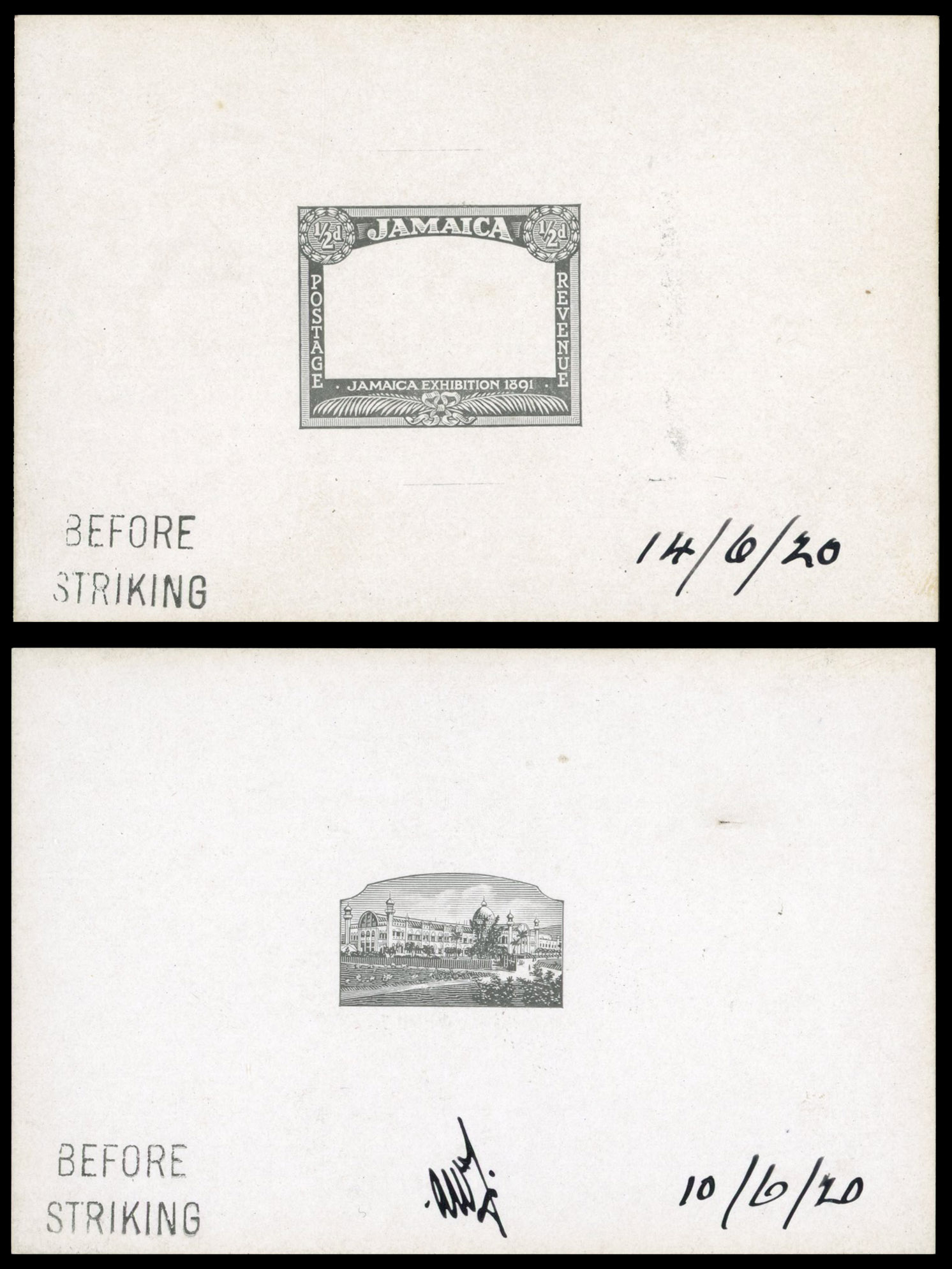 Jamaica 1920 pair of die proofs for the 1919-21 ½d vignette and frame, SG 78var