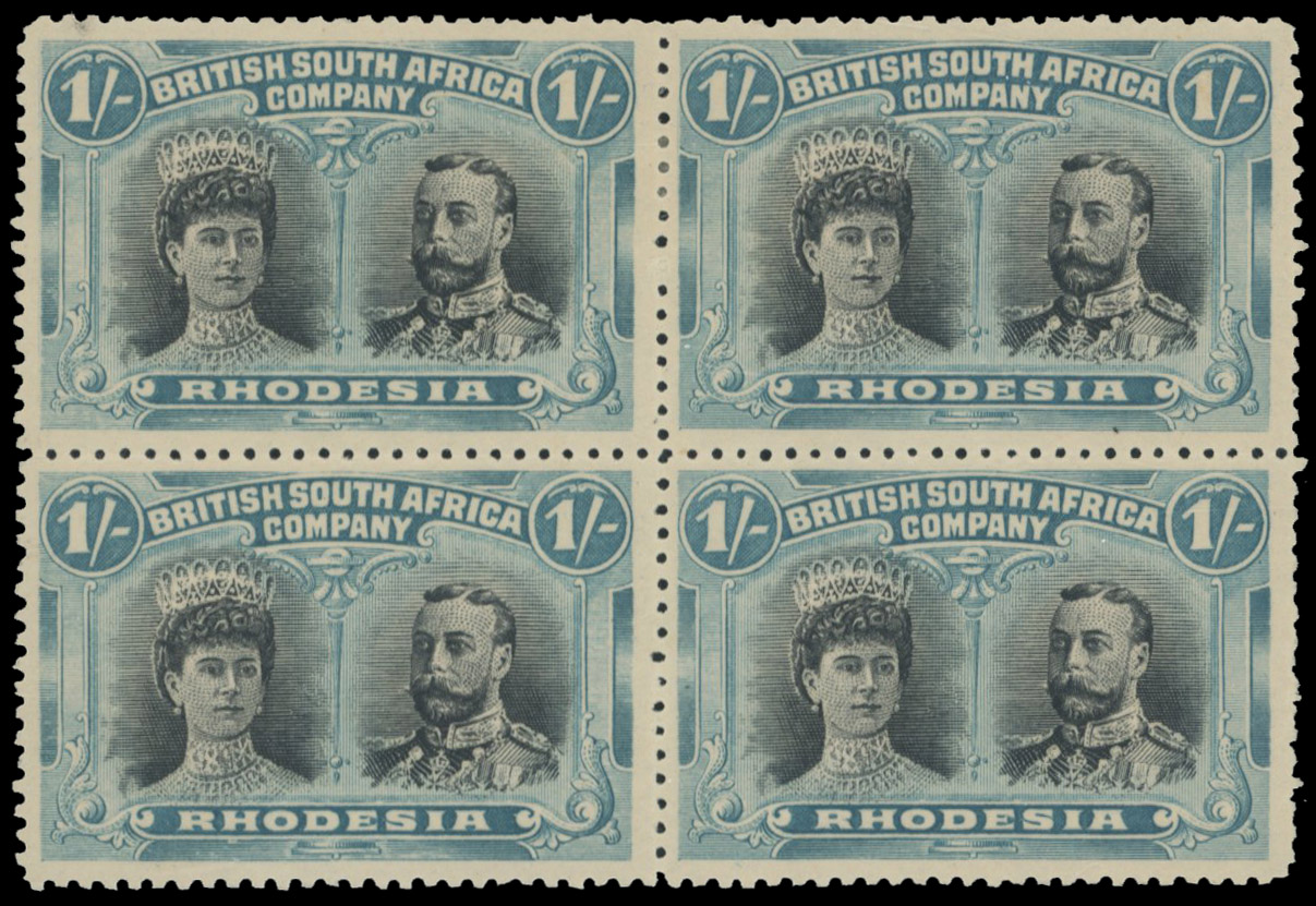 1s black and deep blue-green SG 151a block, positions 28-32 mint