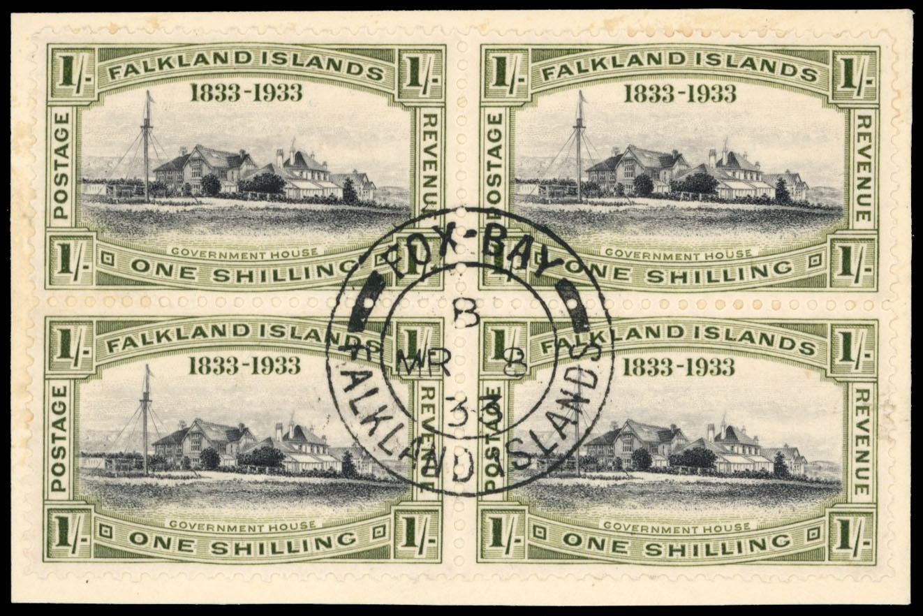 † Falkland Islands SG 134 1933 Centenary 1s block Fox Bay cancel