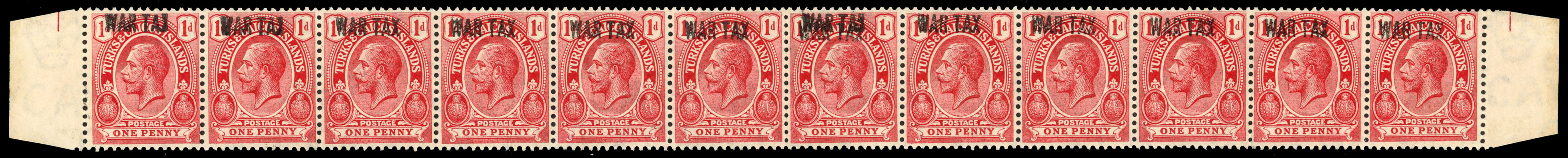 Turks and Caicos Islands 1917 War Tax 1d strip one overprint double