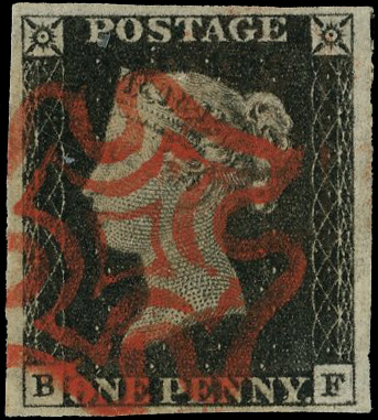 1840 1d black, plate 2 (BF), good to huge margins, cancelled